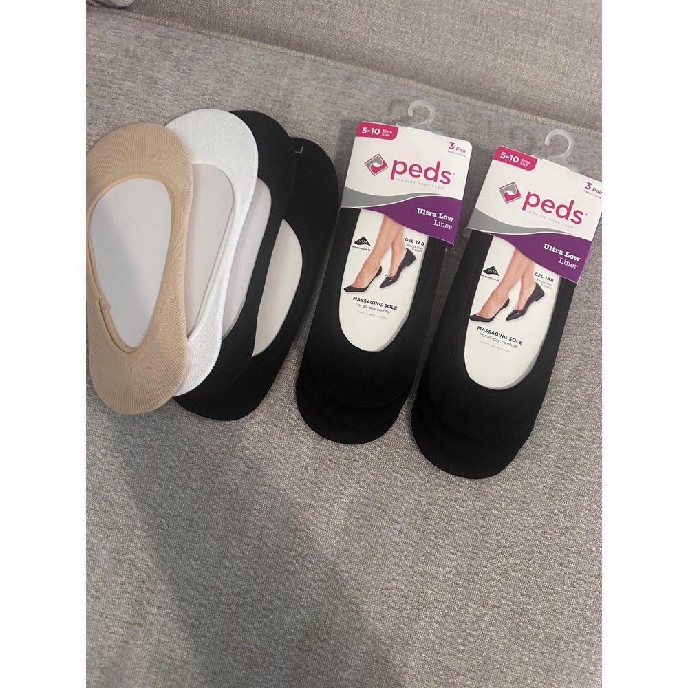 Peds Ultra Low Liner Socks 5-10 Shoe Size Gel Tab Massaging Sole Black Tan White